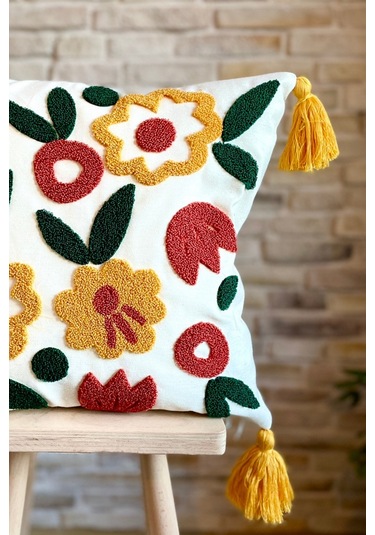 Swita Home Punch İşlemeli Tekli Dekoratif Özel Tasarım Kırlent Kılıfı Panç Yeşil - Kırmızı