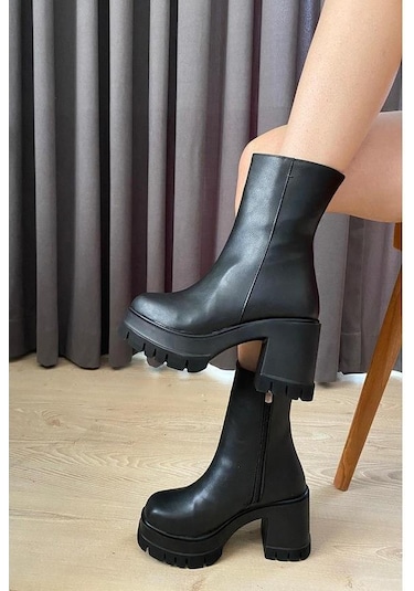 Asmi Shoes Kadın Leysi 8 Cm Platformlu Topuklu Fermuarlı Bot Siyah Siyah
