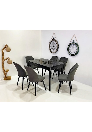 6 Kişilik Açılır Masa Sandalye Mutfak Salon Yemek Masası Takımı Antrasit Gri