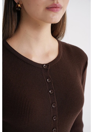 6931 Kadın Düğmeli Fitilli Triko Hırka Kahve Kahve