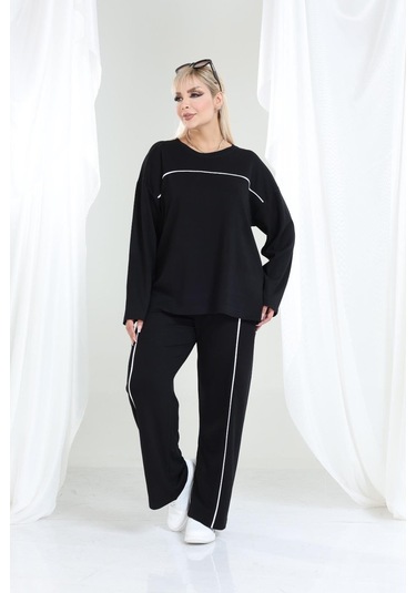 Kadın Büyük Beden Oysho Tarzı Modal Kumaş Uzun Kollu Biyeli Rahat Günlük Takım Siyah