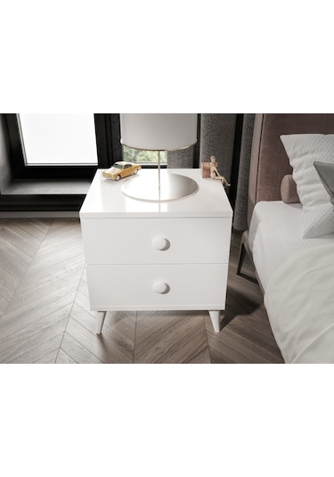 Komidin 2 Çekmeceli Beyaz - Beyaz Kulplu Konik Ayaklı Kurulu