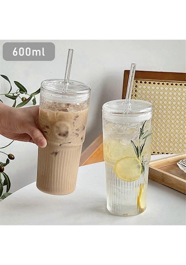 600 Ml Cam Bardak Sütlü Kahve Fincanı Kapaklı Ve Pipetli Şeffaf Çizgili Su Bardağı Kupa İçme Bardağı Kdo Kdo