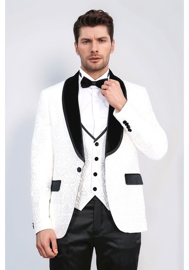Barok Desenli Kadife Şal Yaka Yelekli Beyaz Smokin - Wessi Beyaz