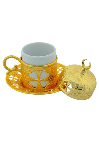 Yonca Desenli 6 Kişilik Porselenli Kapaklı 24 Parça Altın Renk Fincan Seti Altın