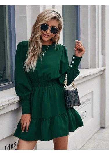 Kadın Uzun Kollu Bisiklet Yaka Beli Lastikli Fırfırlı Ithal Krep Elbise Yeşil