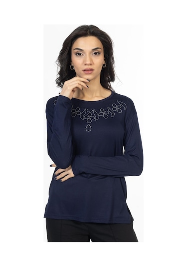 Yeni Model Taş İşlemeli Yuvarlak Yaka Likralı Anne Penye Bluz 6435-lacivert Lacivert
