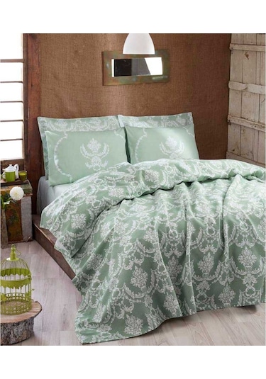 Enlora Home Pure Doğal Baskılı Çift Kişilik Pike Su Yeşili