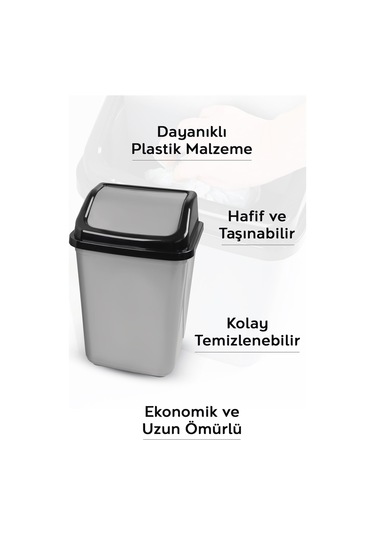 Kapaklı Plastik Çöp Kovası - Ev Ofis Banyo Mutfak Çöp Kovası Gri 30 Litre Gri