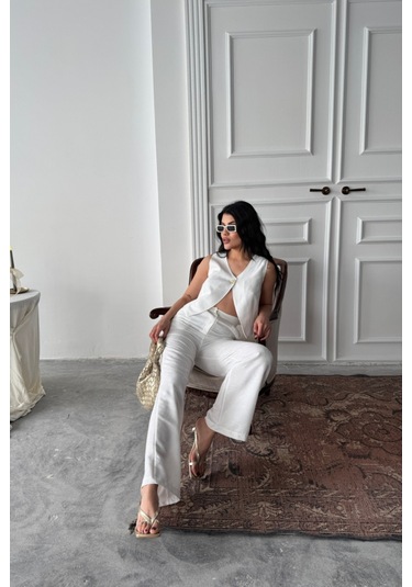 Sensuelle Keten Tek Düğme Yelek-pantolon Takım - Beyaz Beyaz