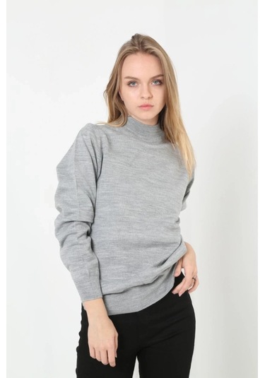 Yarım Boğaz Triko Kazak Yumuşak Dokulu Pamuklu Ince Dokuma, Uzun Kollu Rahat Regular Kalıp - Gri Gri