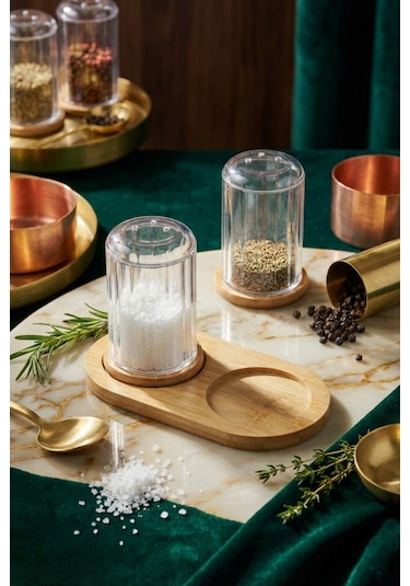 Makri Home Bambu Standlı Tuzluk & Baharatlık Seti 2 Li Şeffaf