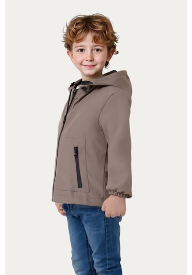 Erkek Çocuk Astarlı Su Ve Rüzgar Geçirmez Kapüşonlu Çift Fermuarlı Cepli Yağmurluk Vizon