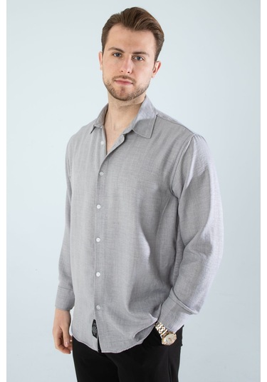 Rahat Kesim Keten Dokulu Gömlek Gri