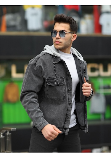 Erkek Kar Yıkama Kapüşonlu Çıkarılabilir Kapüşonlu Oversize K... Antrasit - Siyah