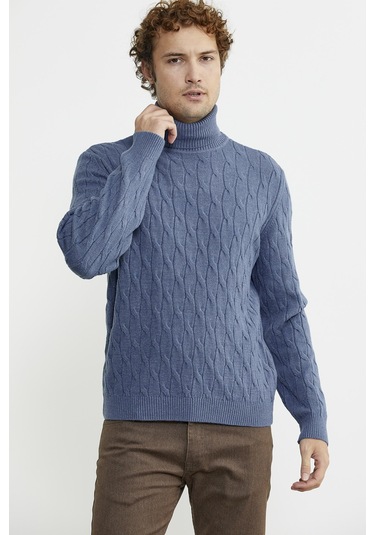 Tam Balıkçı Saç Örgü Triko Kazak - Indigo 001