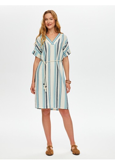 Çizgili Gömlek Yaka Kemerli Keten Karışımlı Elbise S25elb040 Us25elb04027 Indigo