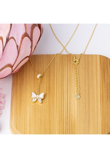 Kelebek Sedef Zirkon Taşlı Gold Rengi Model 925 Ayar Gümüş Kadın Kolye Gold