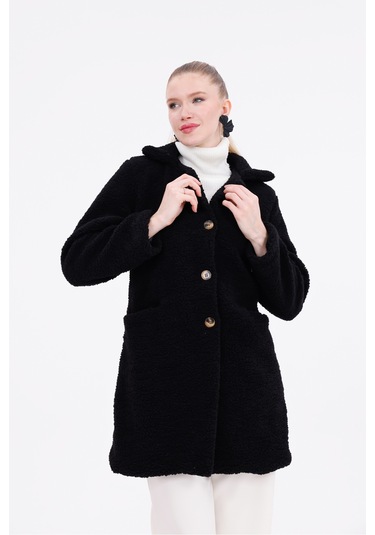 Düğmeli Cepli Kadın Peluş Kaban Siyah