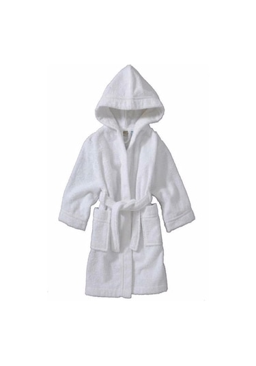 Kapşonlu Pamuklu Çocuk Bornozu Beyaz
