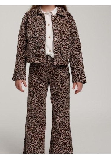 Kız Çocuk Cepli Leopar Kot Ceket-15588 Kahverengi