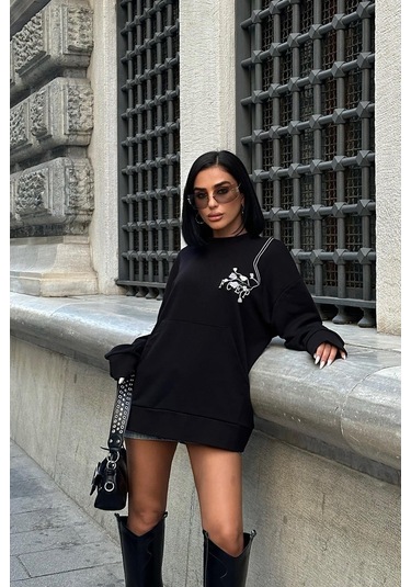 Kadın Siyah Dokuma Oversize Uzun Kollu Sweatshirt Siyah