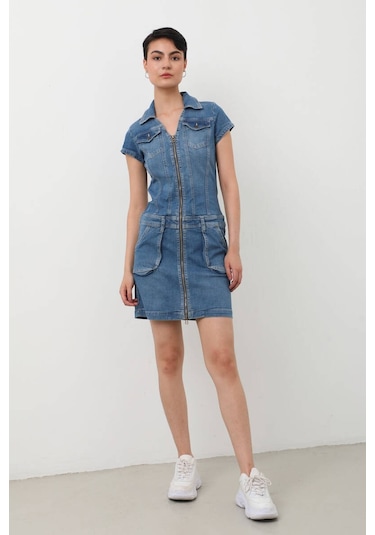 Fermuarlı Cepli Kadın Jean Elbise Mavi