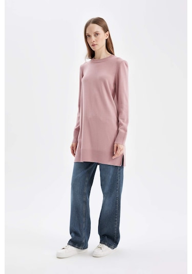 Defacto Regular Fit Bisiklet Yaka Yırtmaçlı  Basic Düz Kazak Tunik H3431AZ24AUBR451 Bordo