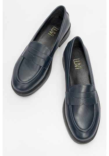 Pline Laci Cilt Hakiki Deri Kadın Loafer Ayakkabı Lacivert
