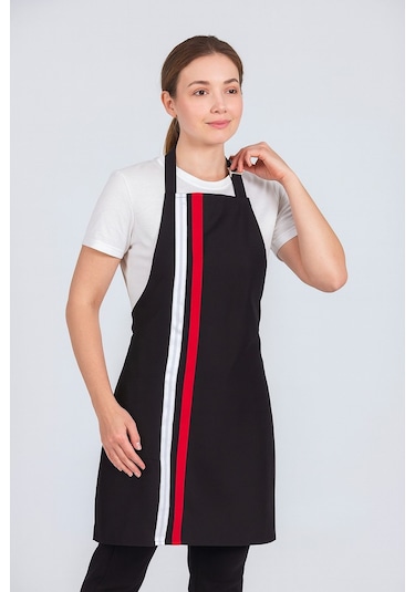 Kadın Boyundan Asmalı Çizgili Barista Şef Mutfak Önlüğü 60x85 Cm Siyah