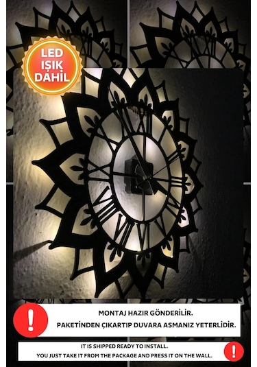 Led Işıklı Çiçek Duvar Saati Sessiz Dekoratif Modern Siyah Duvar Siyah