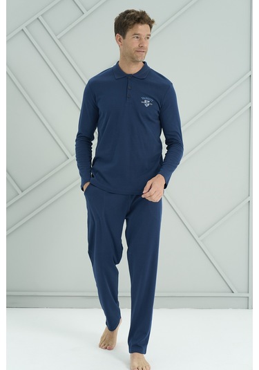 Erkek Interlok Penye Uzun Kol Pijama Takımı 2206 Açık Lacivert Açık Lacivert