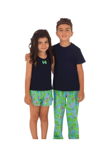 The Don Aile Lacivert-Yeşil Desenli Erkek Şort Takımı (9-14 Yaş)