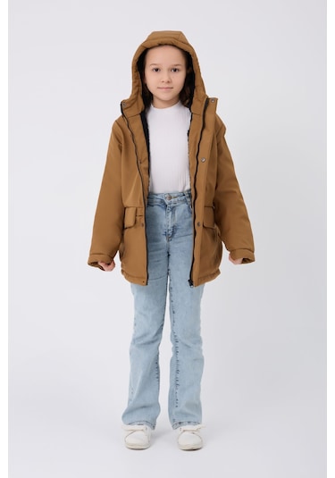 Freemen Kız Çocuk Taba Kürklü Su Ve Rüzgar Geçirmez Kapüşonlu 3 Kışlık Mont Taba