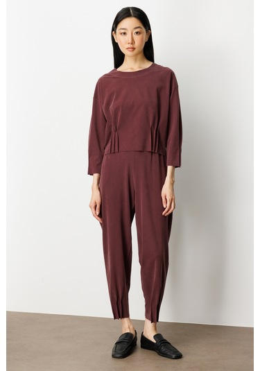 On Kadın Pile Detaylı Sıfır Yaka Bluz 64408 Bordo Bordo