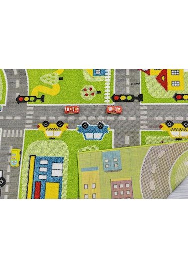 Konfor Halı 3 Boyutlu Yeşil Trafik Arabalı Dokuma Çocuk Oyun Halısı Yeşil