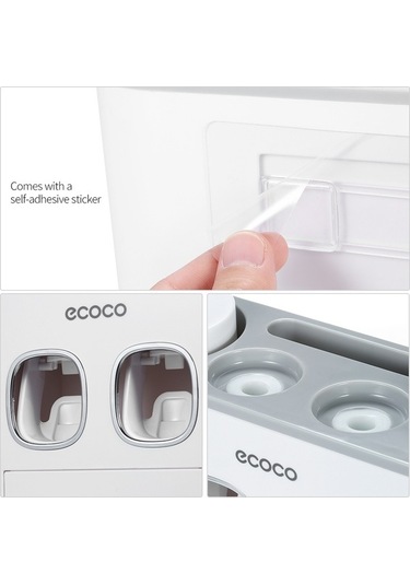 Pazly Ecoco Otomatik Sıkmalı Diş Macunu Seti - 2 Dispenser, 4 Bardak, 5 Fırça, Duvara Monte, Gri Beyaz