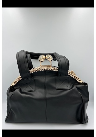 Sentt Deri Ortadan Çizgili Taşlı Düğmeli Çanta-Siyah