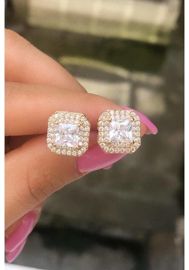 Niki Aksesuar Vip Diamond Kare Küpe Gold