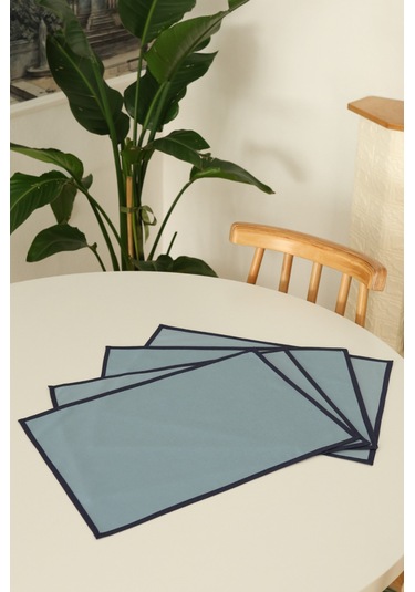 Yakacihome 4'lü Pera Mavi Biye Detaylı Duck Keten Yıkanabilir, Leke Tutmaz Supla Amerikan Servis Seti Mavi