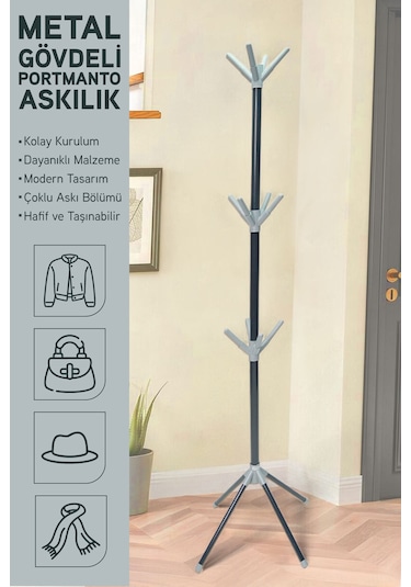 İronika Modern Portatif Elbise Askısı Ayaklı Portmanto Askı Vestiyer Askılık - Gri Gri