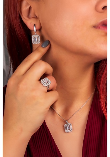 925 Ayar Gümüş Rodyumlu Full Beyaz Zirkon Taşlı Baget Bayan Takı Seti -8235 Gümüş