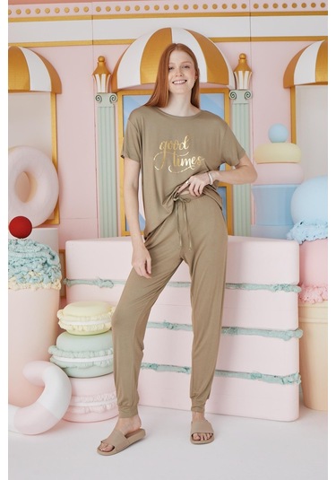 Kadın Kısa Kol Yağ Yeşili Pijama Takım C3t0n551 001