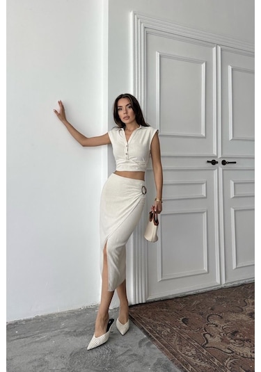 Moderie Butik Bej Keten Gömlek Ve Etek Takım Bej