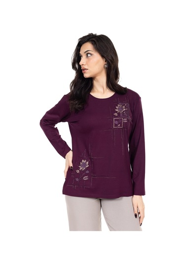Yeni Sezon Kadın Orta Yaş Ve Üzeri Viskoz Kanaviçe İşlemeli Lüks Anne Penye Bluz 24311-mürdüm Mürdüm
