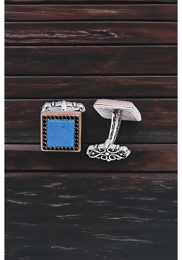 Gümüş Turkuaz Taşlı Siyah Zirkon İşlemeli Kol Düğmesi -5774 Gümüş