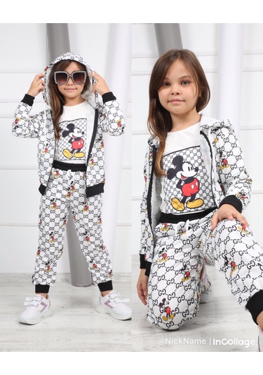 Mickey Mouse Üçlü Kız Çocuk Eşofman Takımı Tuhfetower Gri - Siyah