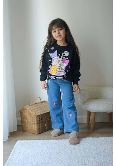 Kız Çocuk Kuromi Modelli Kot Pantolon Nakışlı 2li Takım Siyah