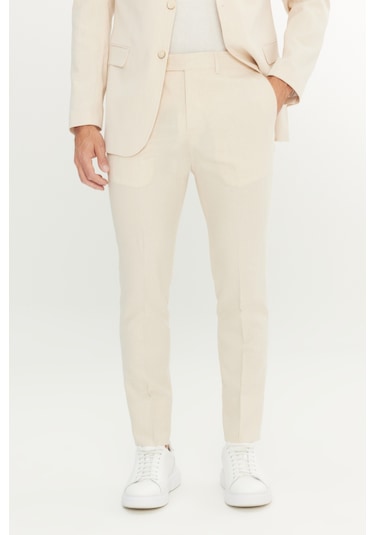 Erkek Bej Slim Fit Dar Kesim Kırlangıç Yaka Kapak Cepli Çizgili Esnek Takım Elbise Bej