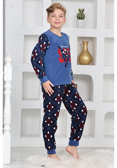 Yeni Sezon Sonbahar/kış Erkek Çocuk Skate 8 Desenli Polar Pijama Takımı 4536 Mavi